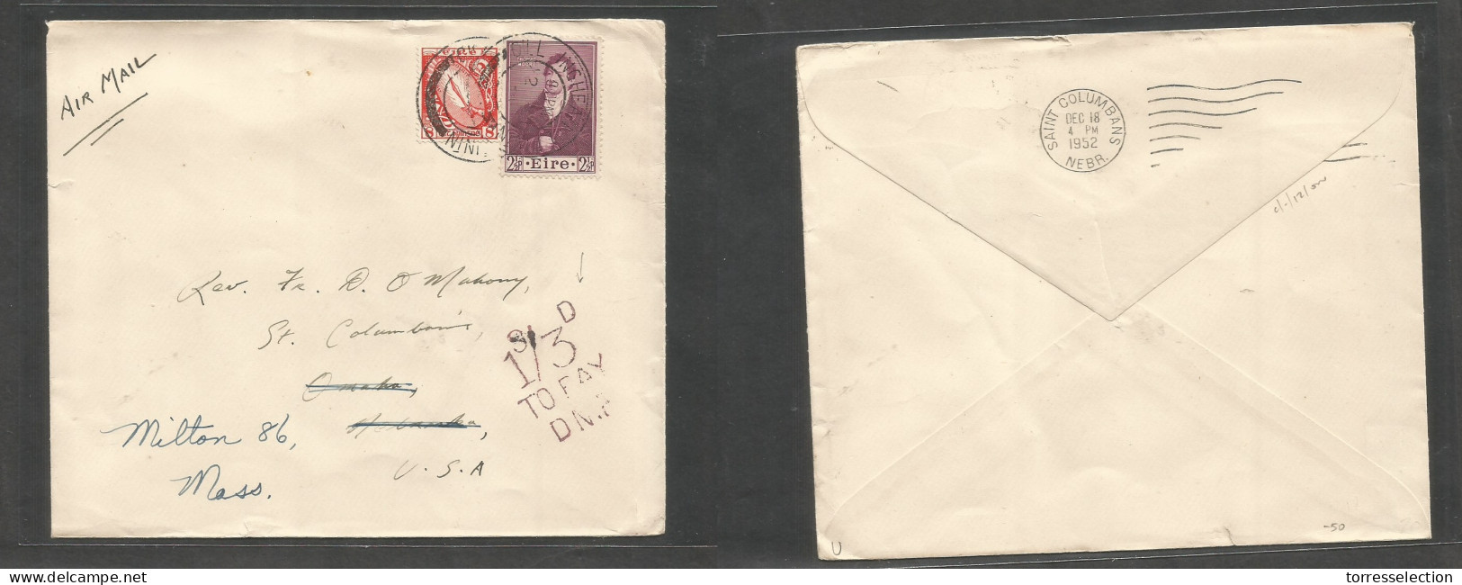 EIRE. 1952 (Dec 12) Cill Inghea - USA, Nebraska, Omaha, Fwded (Dec 18) Air Multifkd Env + Taxed 1sh 3d To Pay DNP (xxx/R - Used Stamps
