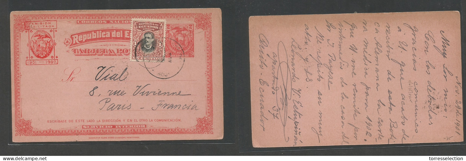 ECUADOR. 1901 (29 Nov) Quito - France, Paris. 2c Red Illustrated Early Stat Card + 1c Adtl, Tied Cds. Fine Scarce Overse - Ecuador