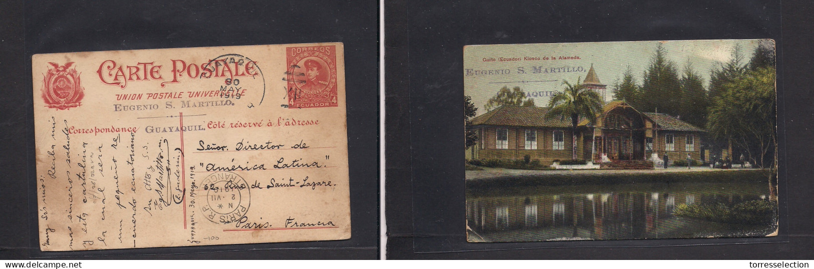 ECUADOR. 1919 (30 May) Guayaquil - France, Paris (2 July) 4c Red Stationery Card With Reverse Kiosco Alameda Photo Card. - Ecuador
