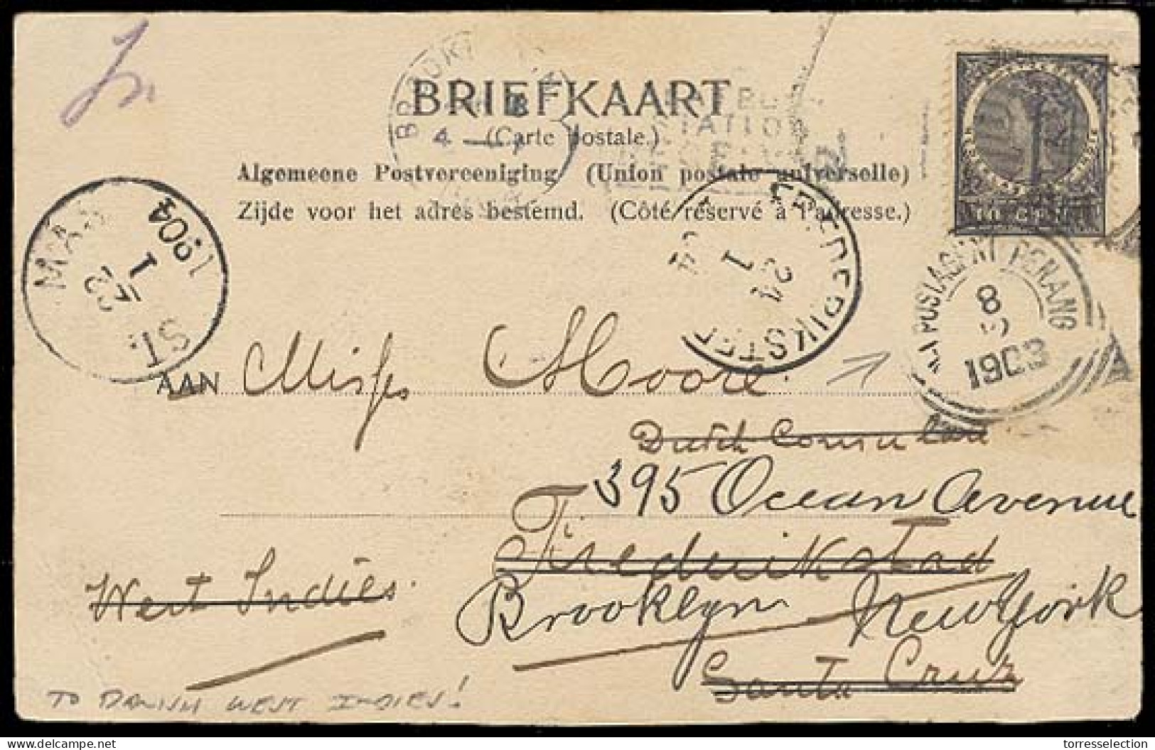 DUTCH INDIES. 1903. Soerabaja - DWI, Fwded USA. Fkd PPC Via St Thomas + Frederiksted. On Front "Postal Agent Penang" Cds - Indonesië