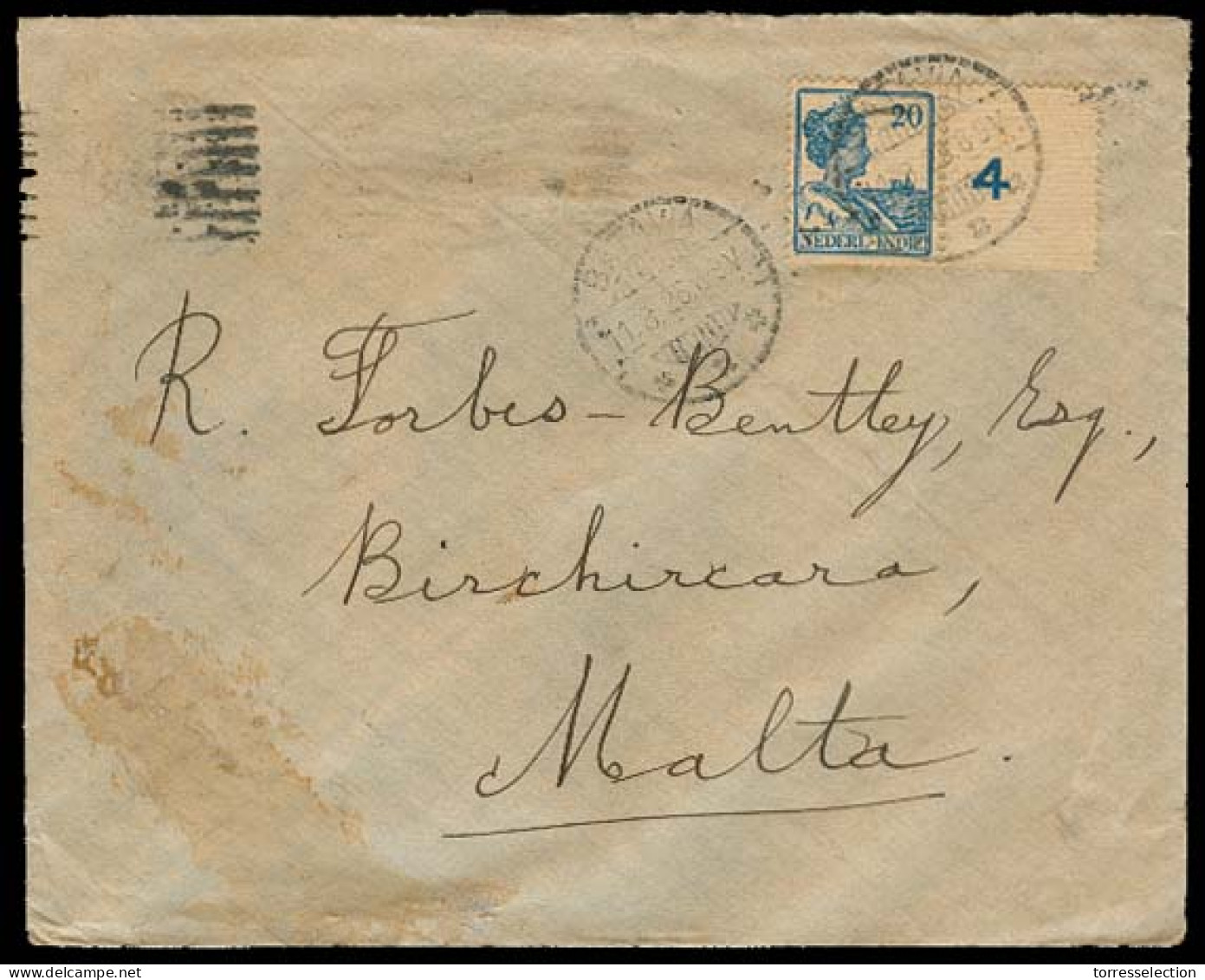 DUTCH INDIES. 1925. Batavia - MALTA. Fkd Env / Margin Number. Fine. Genova - Arrival Cds Reverse. - Indonesië