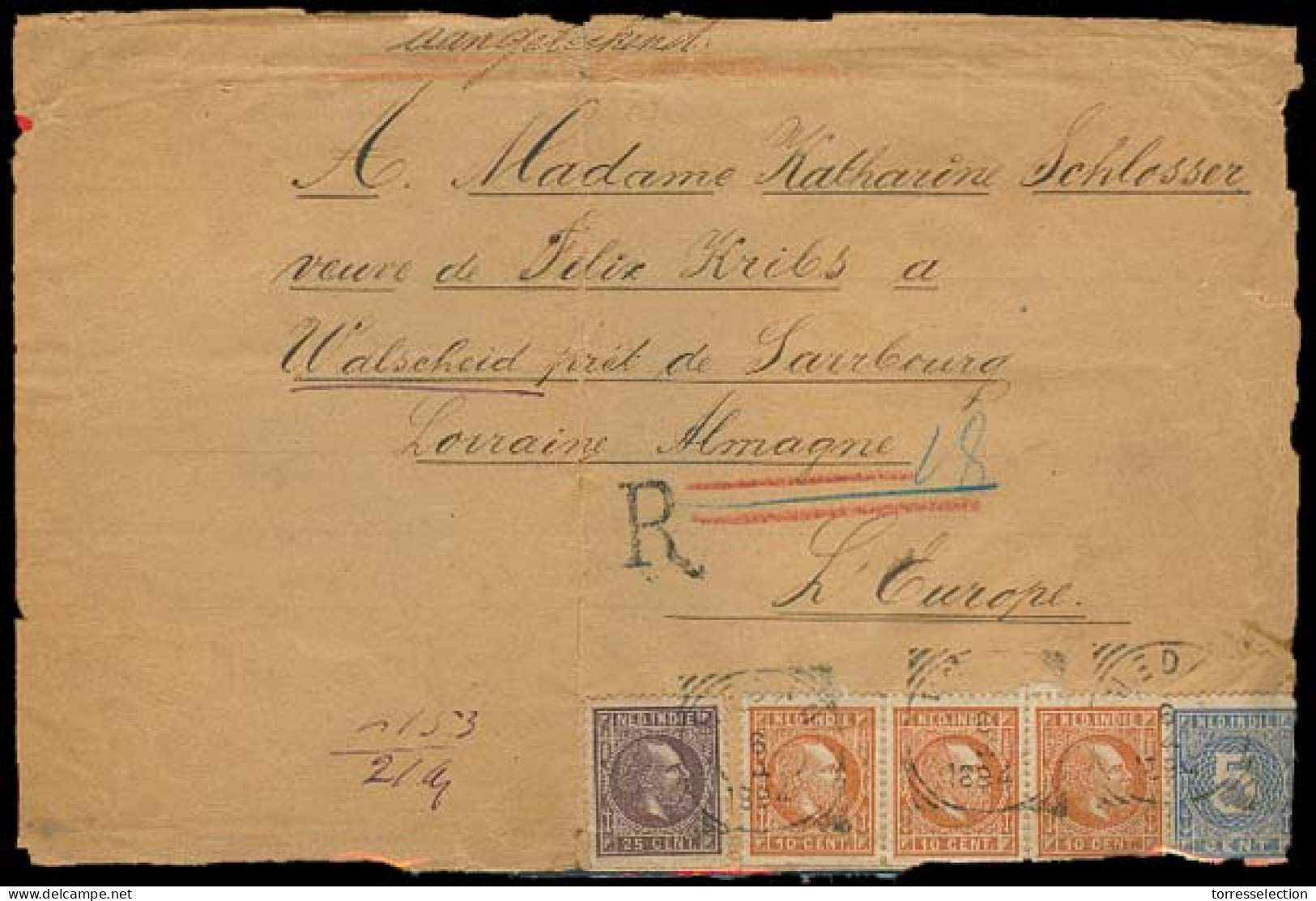 DUTCH INDIES. 1894. Medan - France. Registered Env Fkd 5c Blue, 10c Brown Strip Of Three + 25c. Minor Edge Wear. Spectac - Indonesië