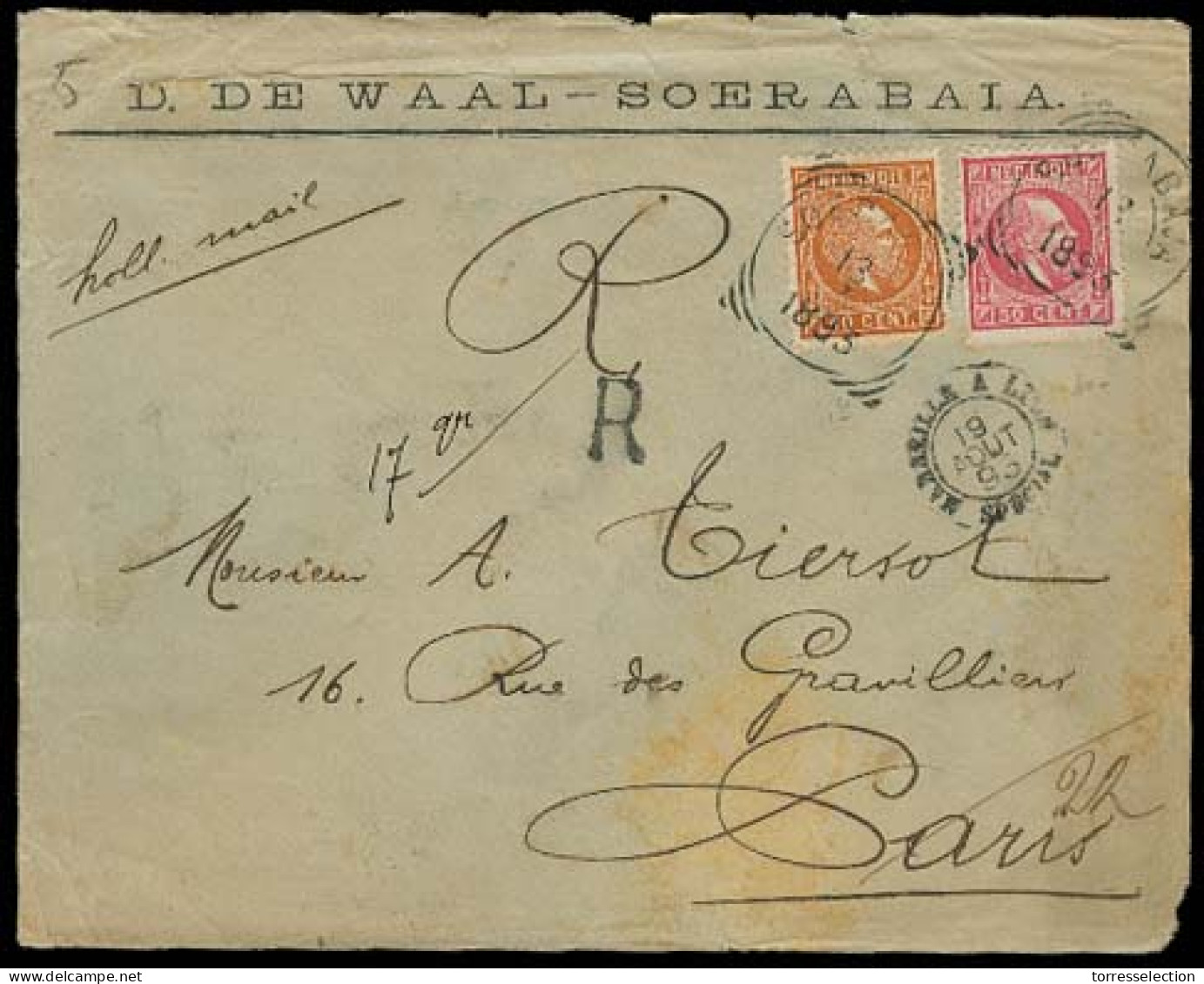 DUTCH INDIES. 1893. Soerabaia - France. Registered Env Fkd 10c + 50c Red. Better Fkg. - Indonesië