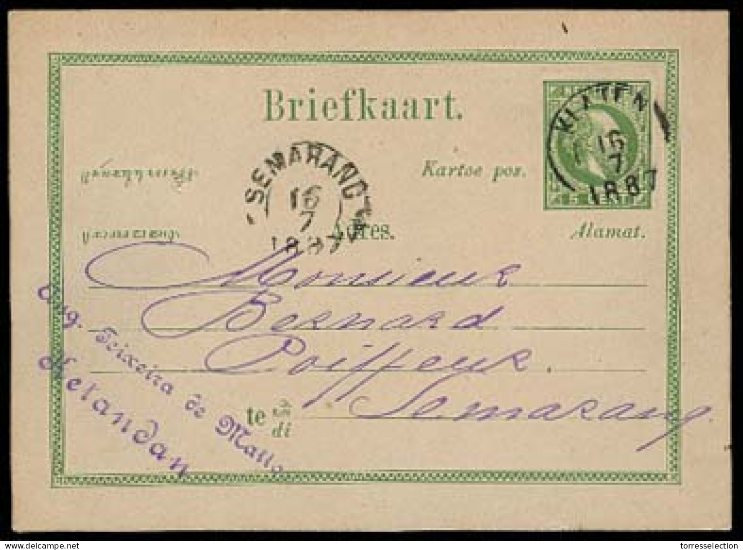 DUTCH INDIES. 1887. Soerabaja - Klaten - Kelandan - Semarang. 5c Dark Green Stat Card. VF. - Indonesië