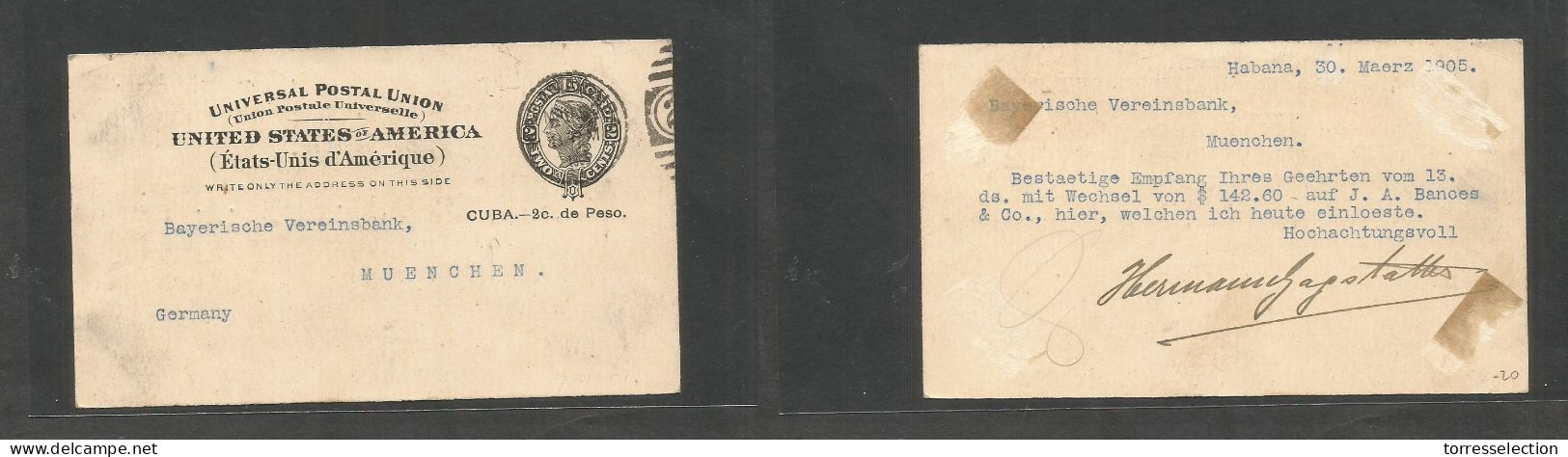 CUBA - Stationery. 1905 (30 Marzo) Habana - Alemania, Munich. Entero Postal 2c USA Sobrecargado. - Andere & Zonder Classificatie
