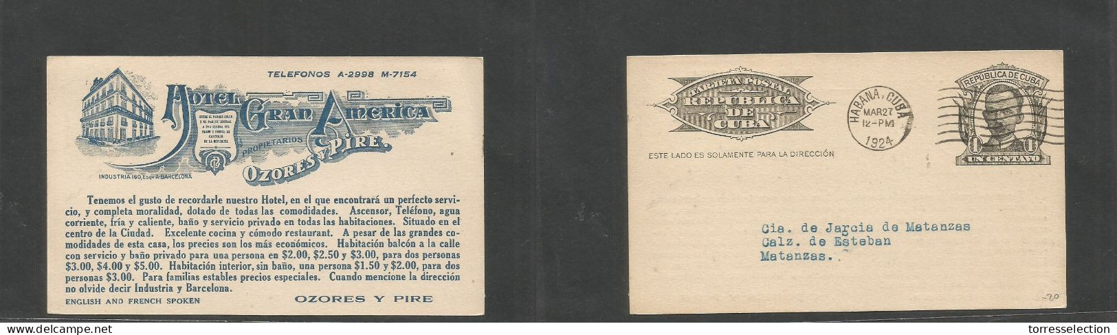 CUBA - Stationery. 1924 (27 Marzo) Habana - Matanza. Entero Postal Through 1c Con Impresión Privada Al Dorso. Hotel Gran - Andere & Zonder Classificatie