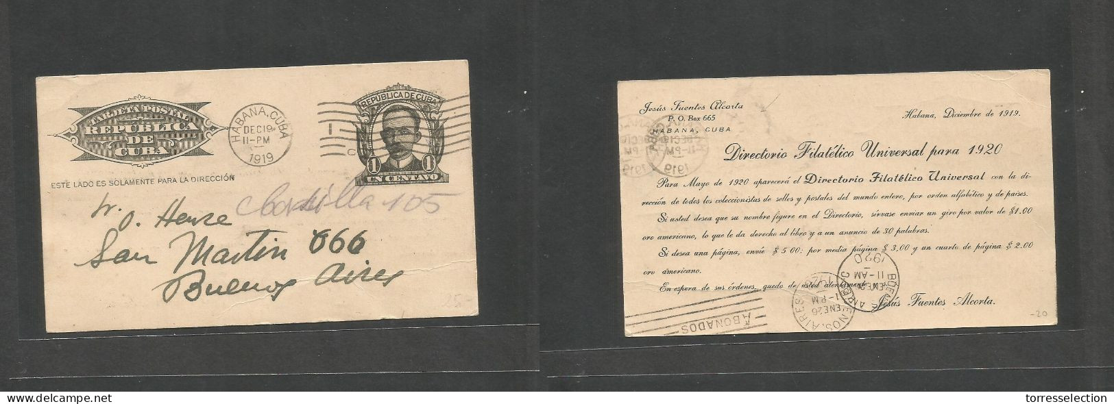 CUBA - Stationery. 1919 (19 Dic) Habana - Argentina, Buenos Aires. Entero Postal 1c Negro Con Impresión Privada Al Dorso - Autres & Non Classés