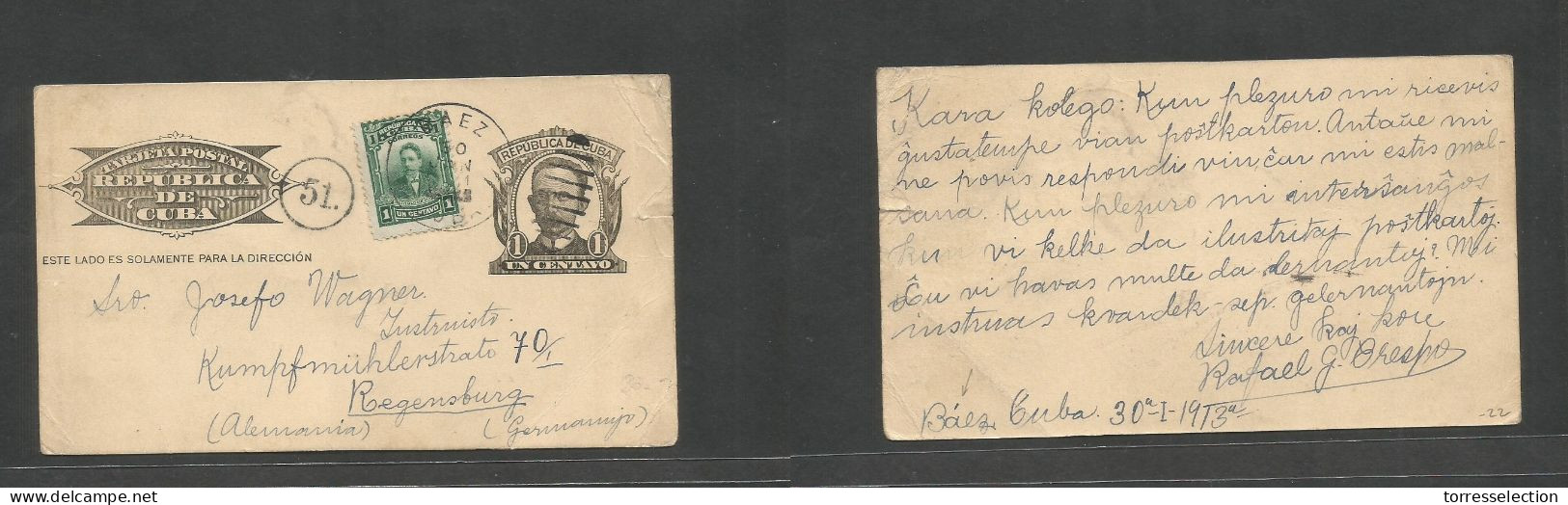 CUBA - Stationery. 1913 (30 Enero) Baez - Alemania, Regensburg. Entero Postal 1c Negro + 1c Verde Adtl, Mat Fechador Y M - Other & Unclassified