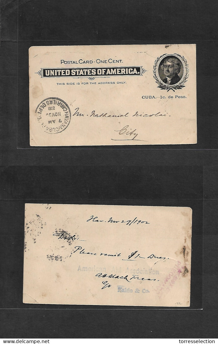 CUBA - Stationery. 1902 (29 Nov) Habana. Uso Local. TP USA Sobrec. Cuba 1c De Peso, Mat "Carriers". Bonita. - Other & Unclassified