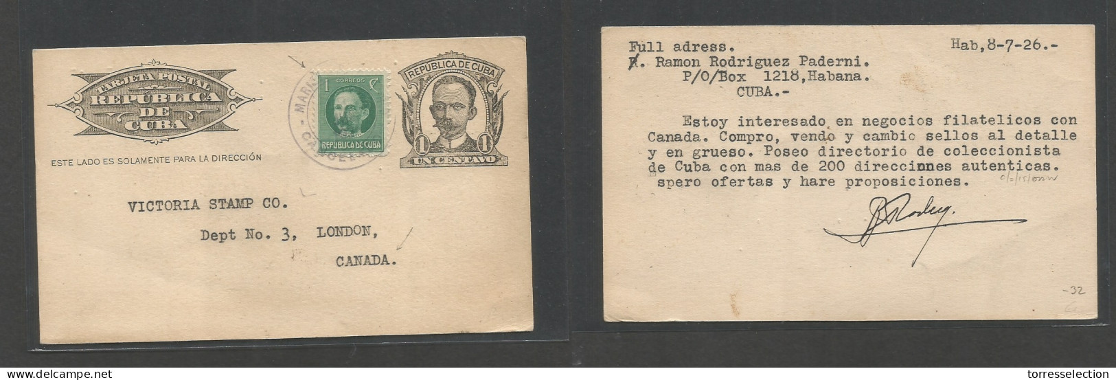 CUBA - Stationery. 1926 (8 Julio) Mariela, Habana - Canada, London, ONT. EP 1c Negro + 1c Verde, Mat Violeta. Escaso Ori - Andere & Zonder Classificatie