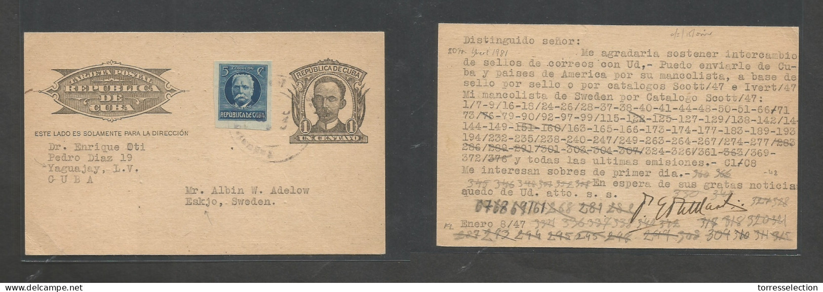 CUBA - Stationery. 1947 (Enero 8) Yaguajay, LV - Sweden, Eskjo. EP 1c Nero + 5c Ovptd Stationery, Mat Fechador. Raro Ori - Autres & Non Classés
