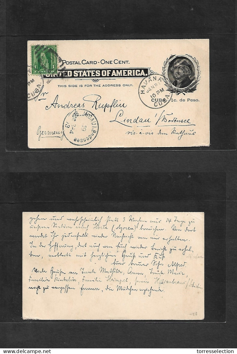CUBA - Stationery. 1903 (31 Enero) Habana - Alemania, Lindan (19 Febr) Entero Postal. USA Sobrec. Cuba 1c Pesoo + Sello  - Other & Unclassified