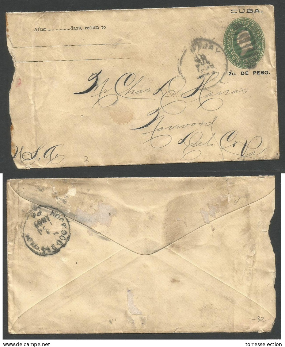 CUBA - Stationery. 1899 (20 July) Guanajay - USA, Norwood. US 2c Green Stationery Envelope, Cuba 2c Overprinted. Rough O - Autres & Non Classés