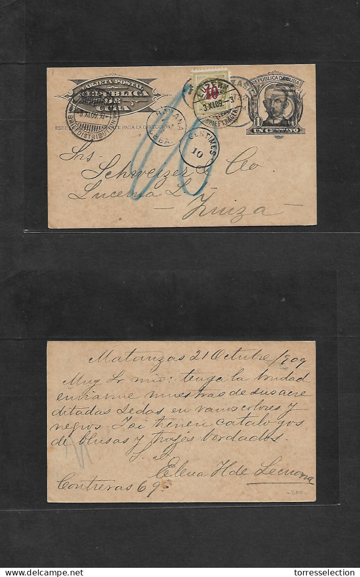 CUBA - Stationery. 1909 (21 Oct) Matanzas - Suiza, Luzern (3 Nov) Entero Postal 1c, Tasado Y Swiss Postage Due 10c Green - Andere & Zonder Classificatie