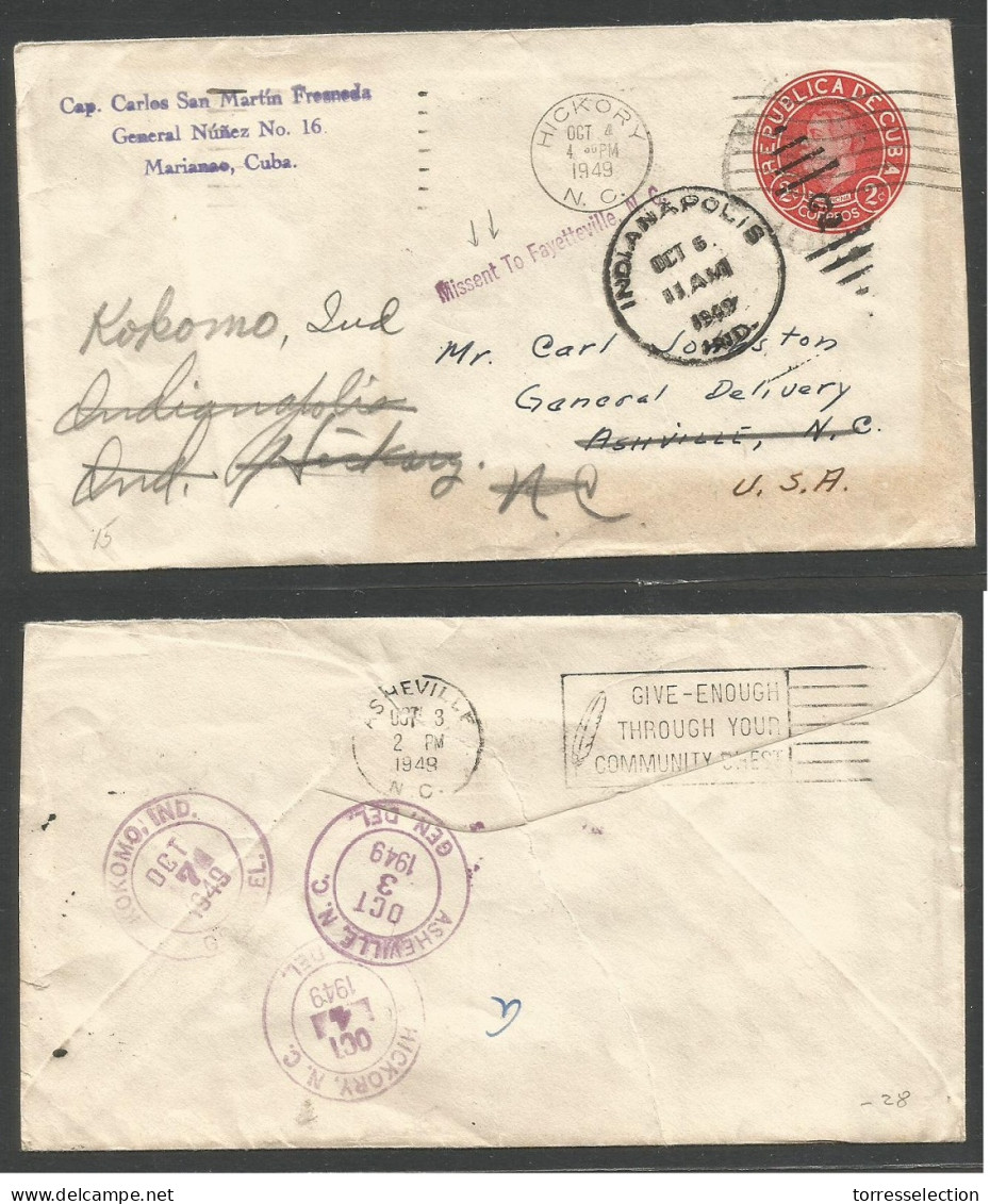 CUBA - Stationery. 1949 (Oct 6) Marianao - USA, Indianapolis (Oct 6) 2c Red Stationery Envelope + Missent To Fayette Vil - Other & Unclassified