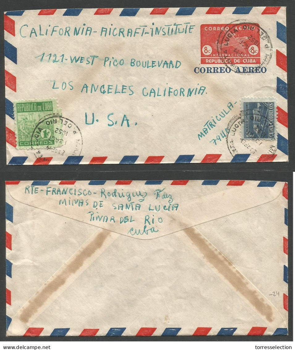 CUBA - Stationery. 1952 (13 Aug) Minas De Santa Lucia, Pinar Del Rio - USA, Los Angeles. Entero Postal Oc Via Aerea + Fr - Other & Unclassified