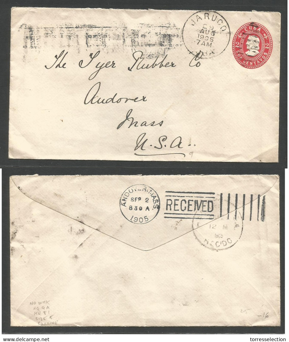 CUBA - Stationery. 1905 (29 Aug) Jaruco - USA, Andover, Mass (25 Sept). Sobre Entero Postal 2c Rojo, Mat Fechador. MB. - Otros & Sin Clasificación
