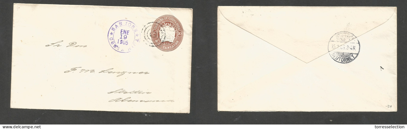 COSTA RICA. 1905 (19 Ene) San Jose - Germany, Stettin (15 Feb) 10c Brown Embossed Stat Env, Cancelled Rings + Cds. - Costa Rica