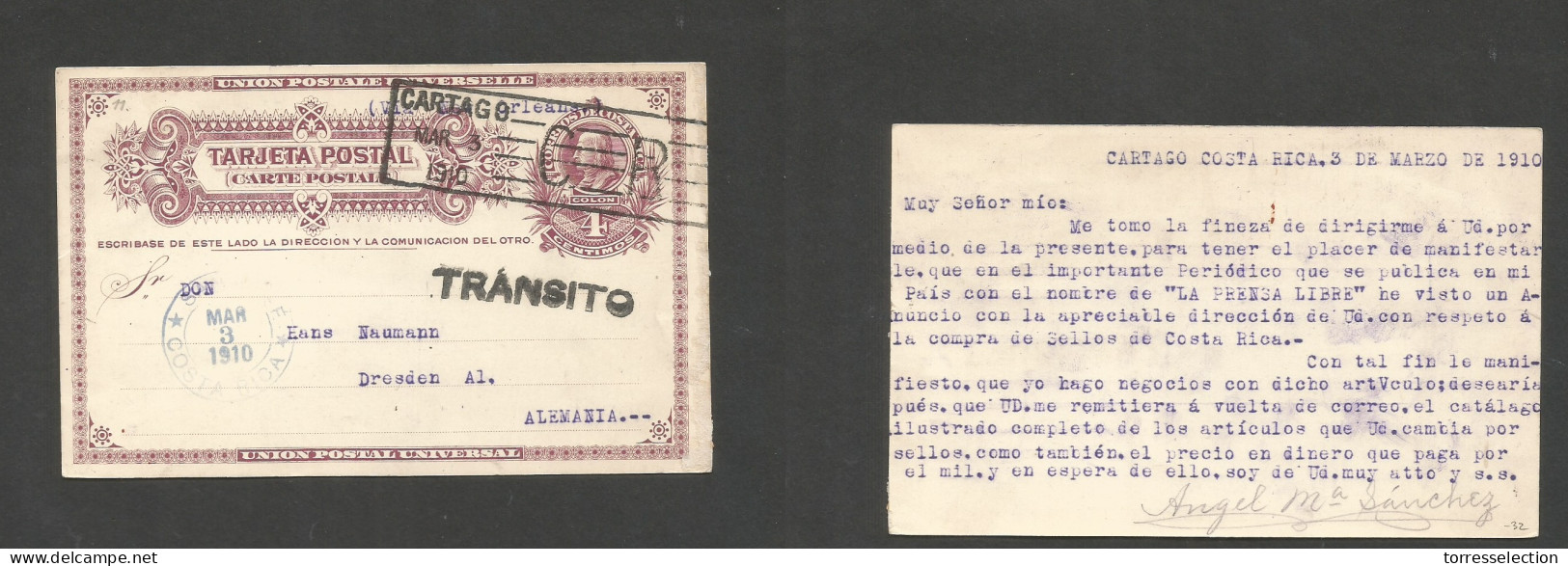 COSTA RICA. 1910 (3 March) Cartago - Germany, Dresden Via San Jose. 4c Lilac Stat Card, Box Town Ds + Stline Transito. - Costa Rica