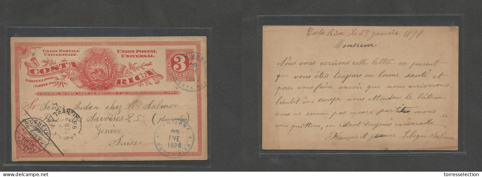 COSTA RICA. 1898 (23 Enero) San Jose - Switzerland, Geneve (15 Feb) Via NY. 3c Red Stat Card. Fine Used. - Costa Rica