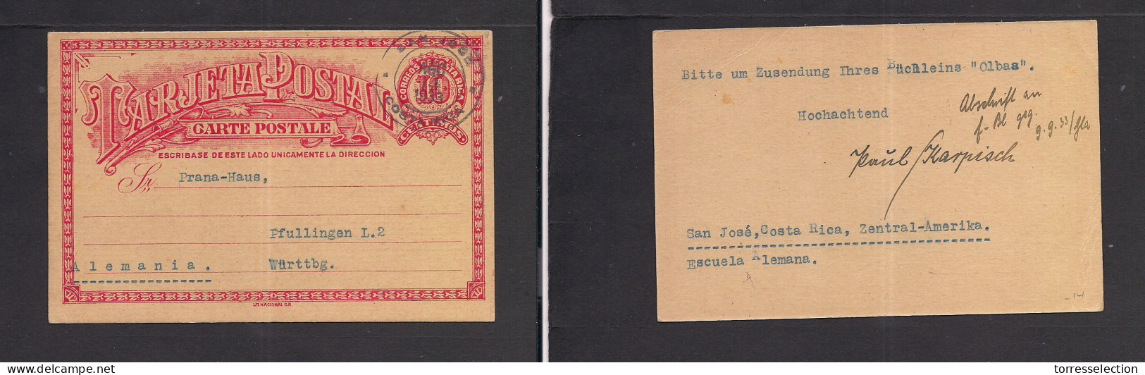 COSTA RICA. 1933 (14 Aug) San Jose - Germany, Pfullingen. 10c Red Stat Card. Fine Used. - Costa Rica