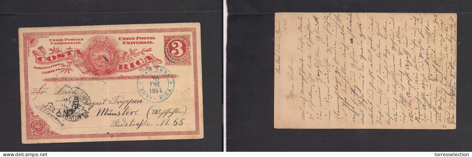 COSTA RICA. 1898 (16 Enero) San Jose - Germany, Munster 3c Red Stat Card, Blue Cds. Via NY. Fine Used. - Costa Rica