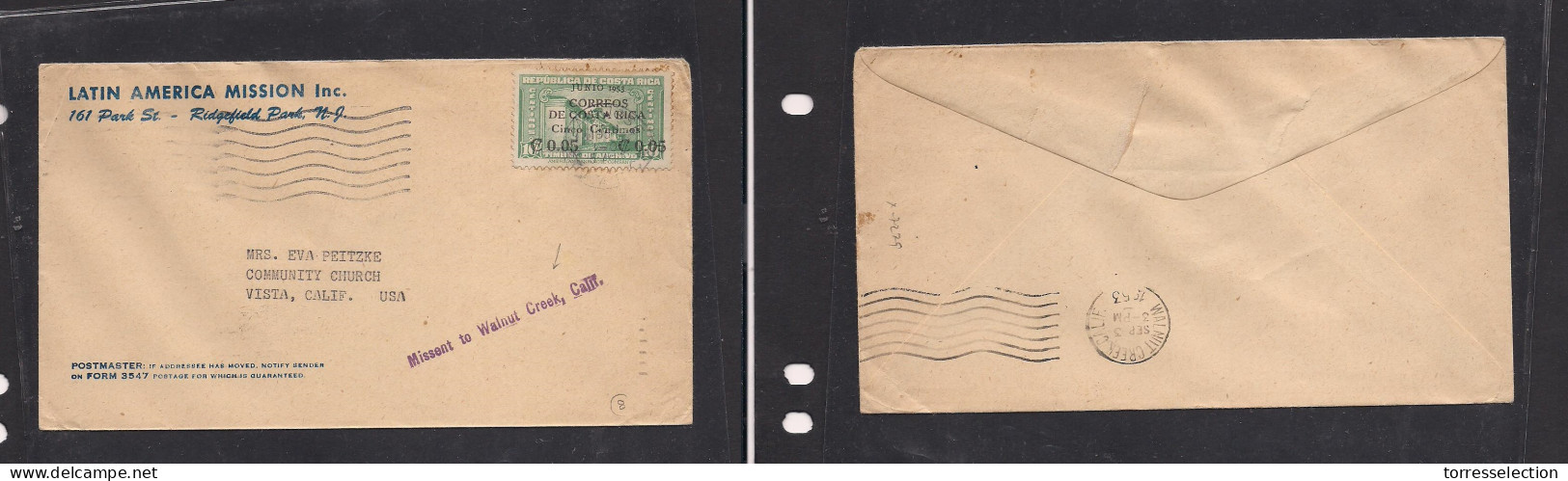 COSTA RICA. Costa Rica Cover 1963 San Jose To US, CA Vista Latin American Mission Single Air Fkd Env Missent Walnut Cree - Costa Rica