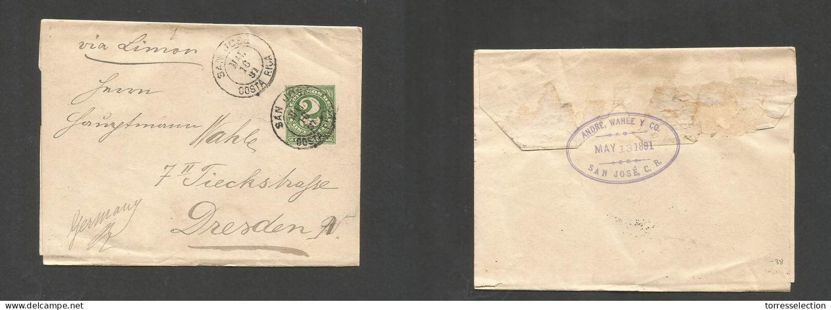COSTA RICA. 1891 (16 March) San Jose - Germany, Dresden Via Limon 2c Green Complete Stat Wrapper, Cds. VF Used. - Costa Rica