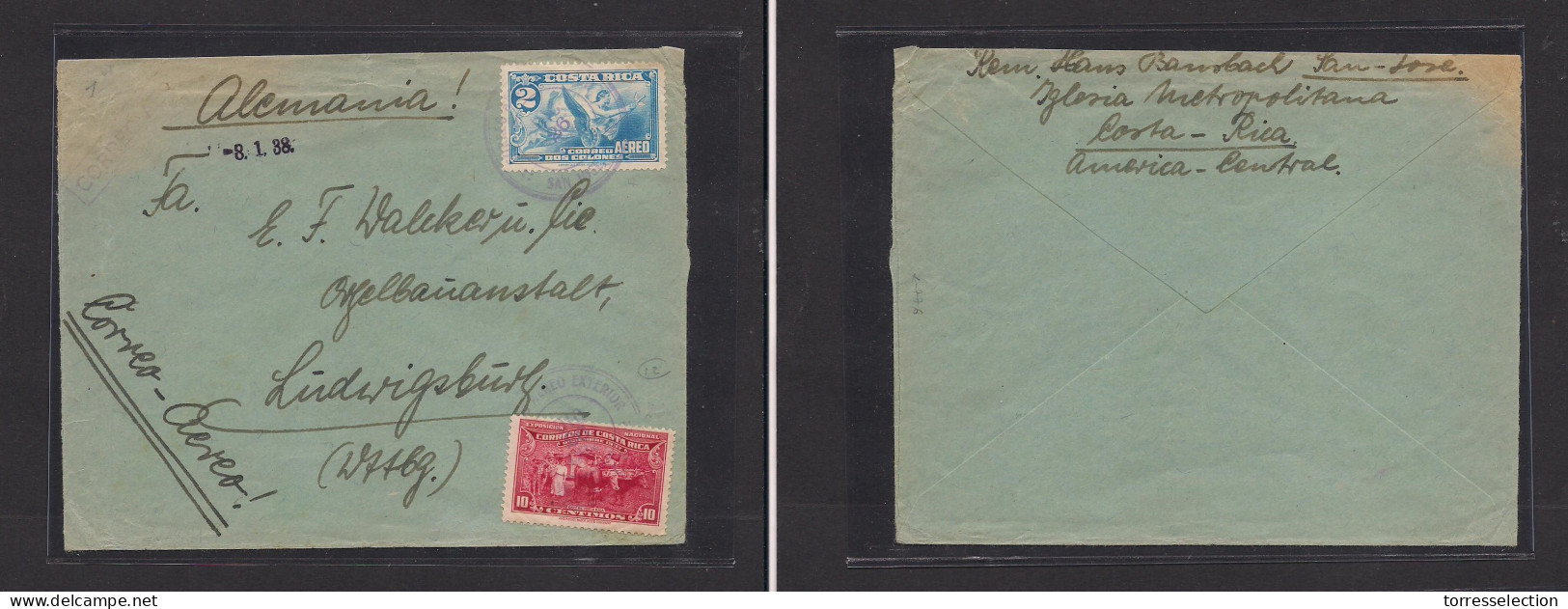 COSTA RICA. Costa Rica - Cover - 1938 San Jose To Germany Ludwirgsburg Mult Fkd Air Env Dos Soles Stamp. Easy Deal. - Costa Rica