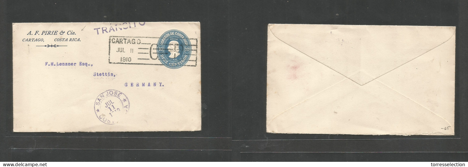COSTA RICA. 1910 (11 Jly) Cartago - Germany, Stettin. Comercial Private Print 10c Blue, Box Cachet + Transito + San Jose - Costa Rica