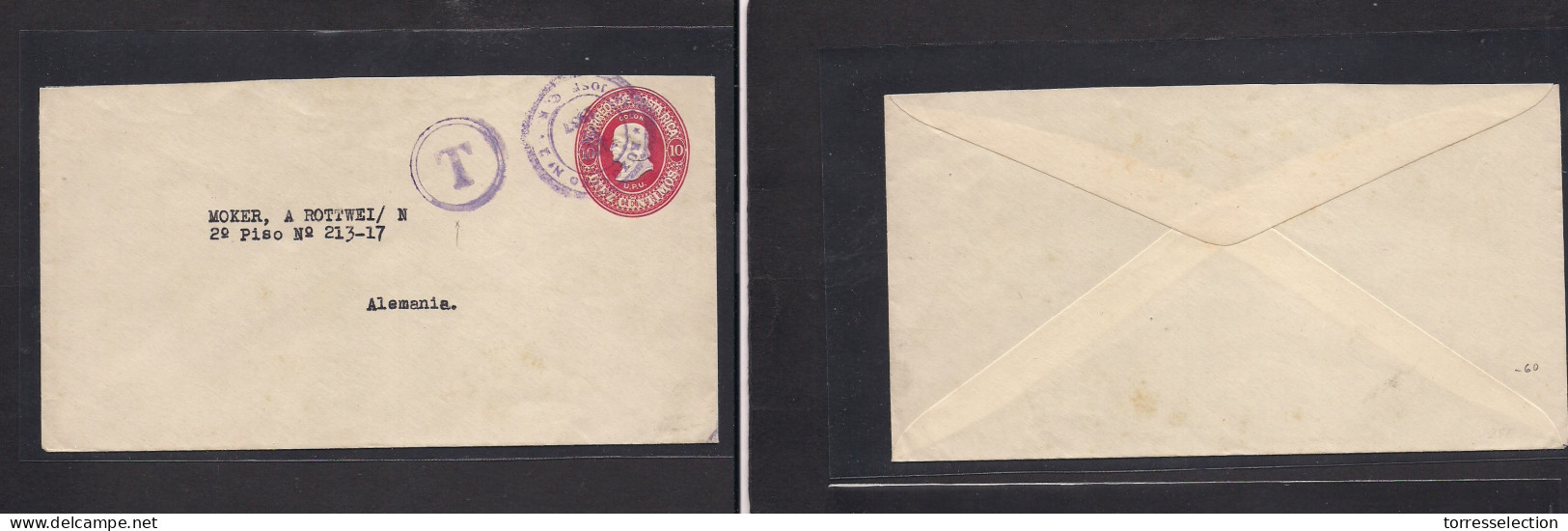 COSTA RICA. 1937 (17 Aug) San Jose, Buzon Nº2 - Germany, 10c Red Stat Envelope + Taxed (unfranked) Interesting. - Costa Rica