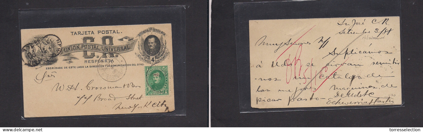 COSTA RICA. 1888 (3 Sept) San José - USA, NYC (19 Sept) 4c Black Stat Card + 1c Green Adtl, Tied Cds. Fine Early Usage. - Costa Rica