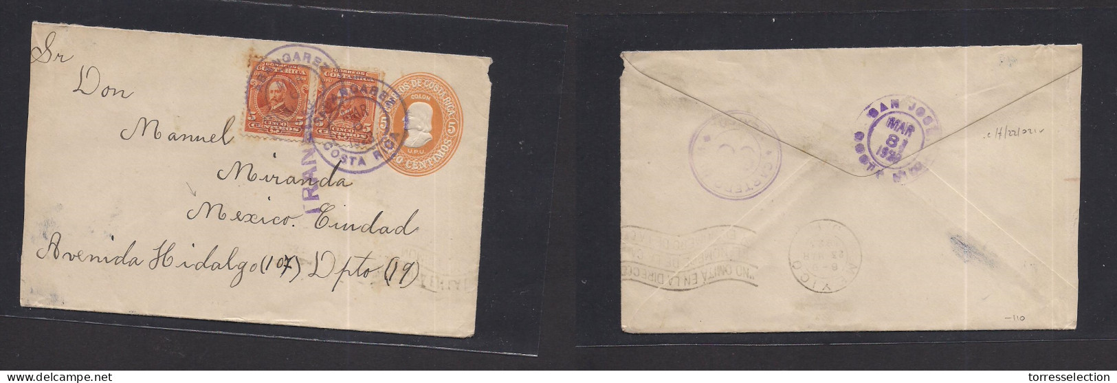 COSTA RICA. 1923 (6 March) Abangarez - Mexico, DF. 5c Orange Stat Env + 2 Adtls, Tied Cds + "TRANSITO" Stline. Via San J - Costa Rica