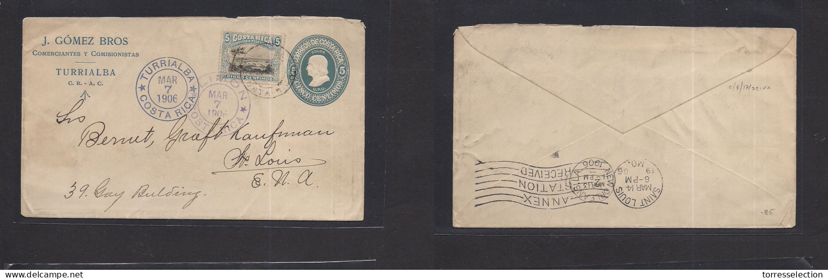 COSTA RICA. 1906 (7 March) Turrialba - USA, St. Louis, Miss. 5c Blue Private Printed Stat Env + Adtl, Blue Cds. - Costa Rica