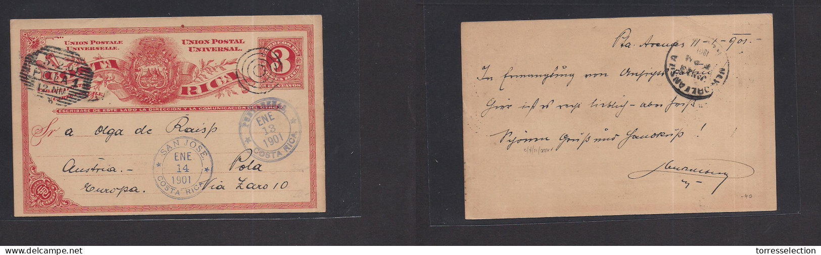 COSTA RICA. 1901 (11 Jan) Punta Arenas - Austria, Pole (5 Feb) Via San Jose. 3c Red Stat Card. Fine. - Costa Rica