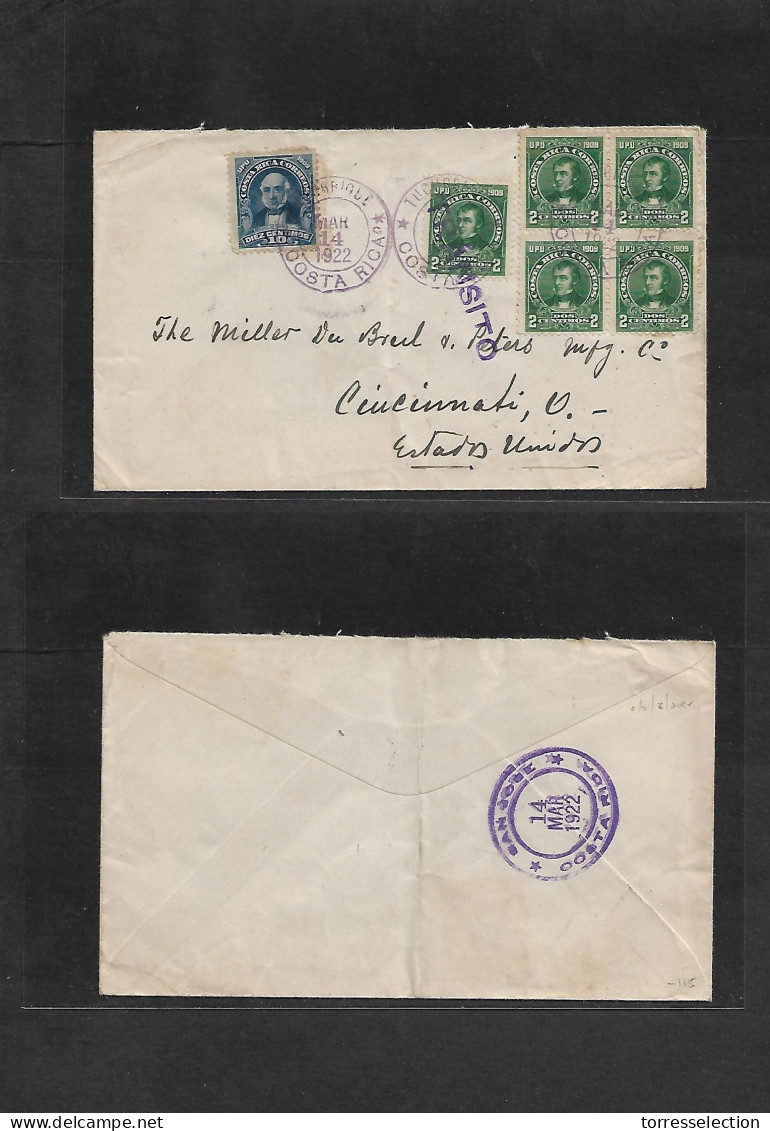 COSTA RICA. 1922 (14 March) Tucubrique - USA, Cincinnati, OH/USA. Multifkd Env At 20c Rate Incl 2c Green Block Of Four T - Costa Rica