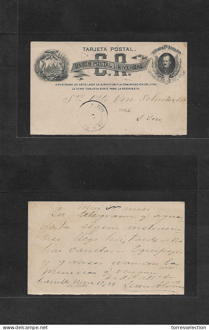 COSTA RICA. 1889 (13 Nov) Carrillo - San Jose. Doble Early Stationary Card On Way Out Half Proper Usage With Arrival Cds - Costa Rica