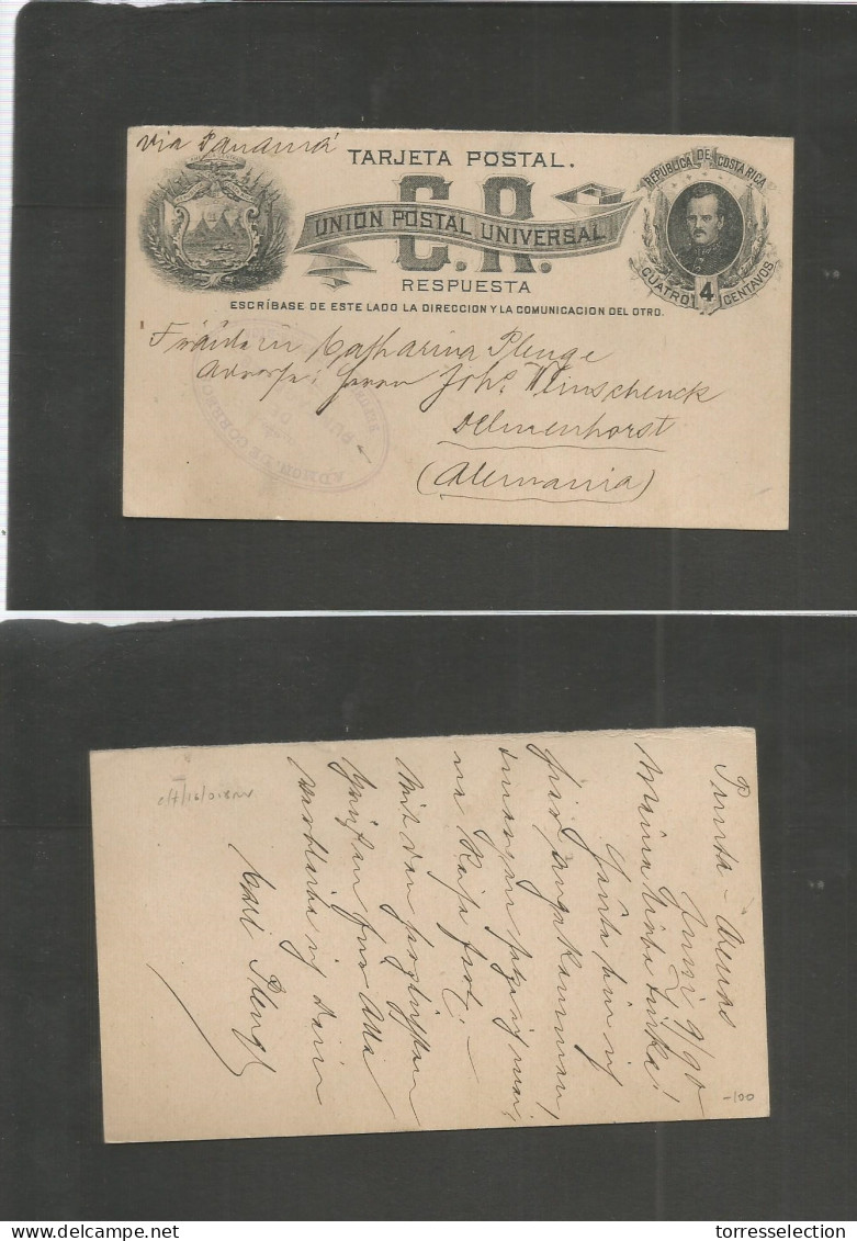 COSTA RICA. 1890 (9 June) Punta Arenas - Germany, Delmenhorst. 4c REPLY HALF Stat Card, Depart Oval Lilac Cachet. Via Pa - Costa Rica