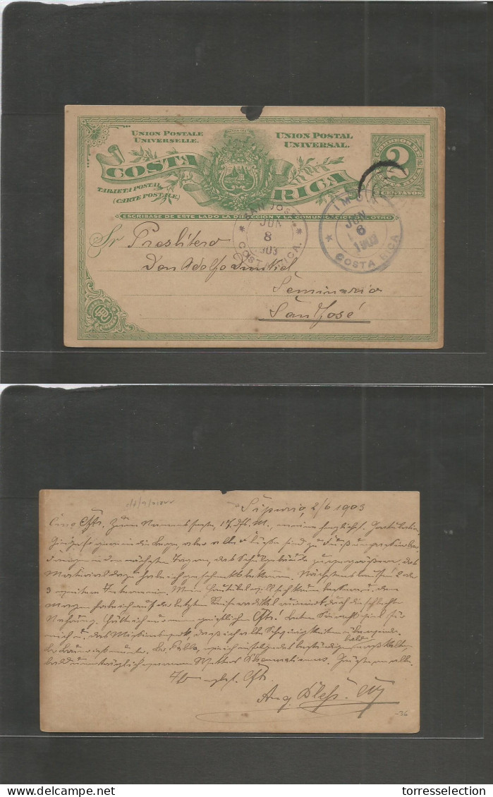 COSTA RICA. 1903 (2 June) Sipnovio - San Jose (8 June). Addressed To Seminario. Via Livorn (6 June) 2c Green Stat Card.  - Costa Rica