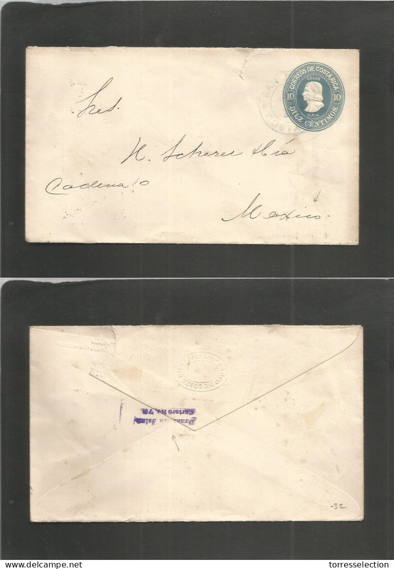 COSTA RICA. C, 1930. San Jose - Mexico, DF. 10c Blue Colon Embossed Stationery Envelope, Value Cds + Reverse DF Distribu - Costa Rica