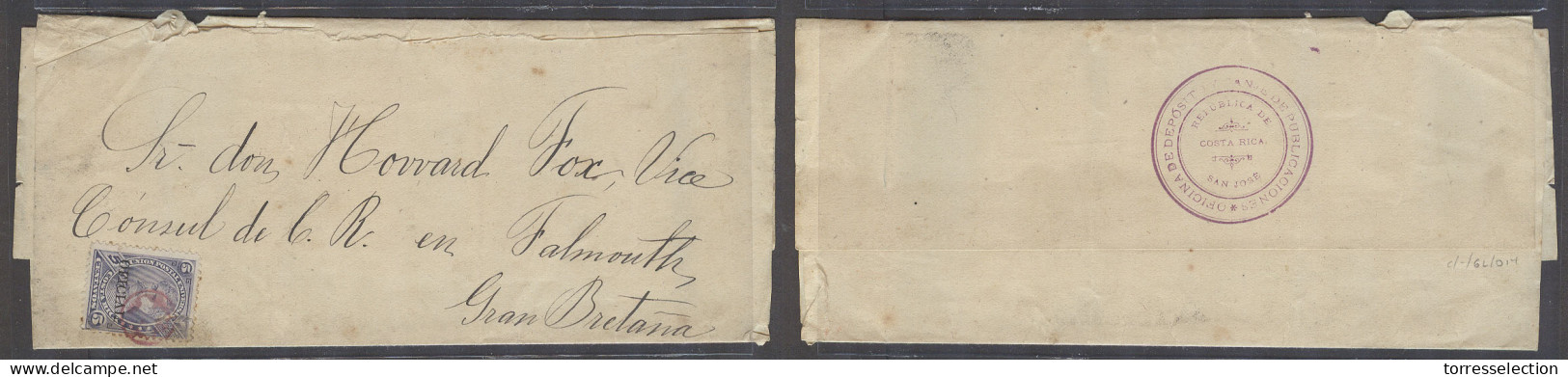 COSTA RICA. C.1887. San Jose - UK, Falmouth. Exceptional Complete Wrapper Goverment Agency Used With Oficial 5c Ovptd Is - Costa Rica