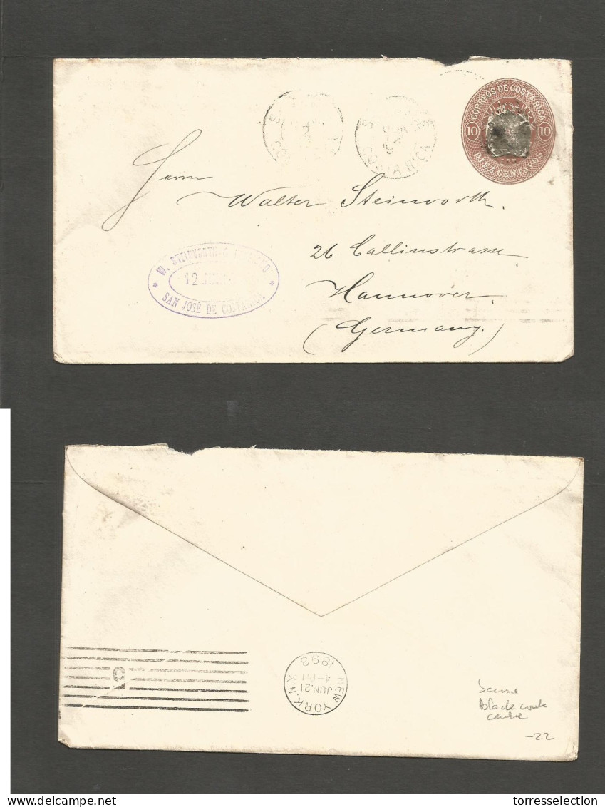 COSTA RICA. 1893 (12 June) San Jose - Germany, Hannover. 10c Red Brown Early Embossed Shield Stationary Envelope. Via NY - Costa Rica