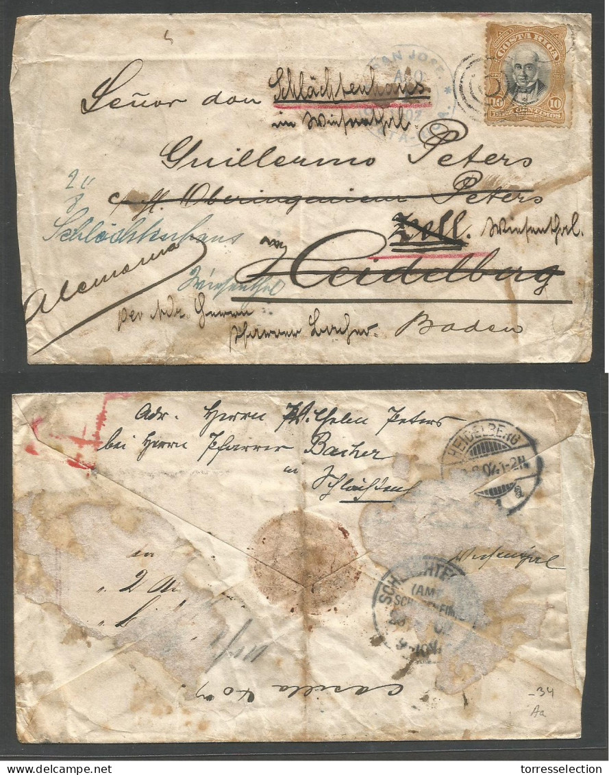 COSTA RICA. 1902 - San Jose - Germany, Heidelberg. 10c Brown Fkd Env, Lilac Cds, Fwded. Scarce Postal Usage. - Costa Rica