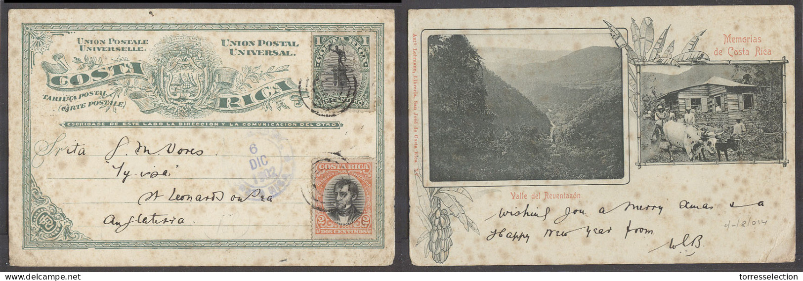 COSTA RICA. 1902 (6 Dic). San Jose - Uk. Early Litho Postcard UPU Print 3cts Rate. - Costa Rica