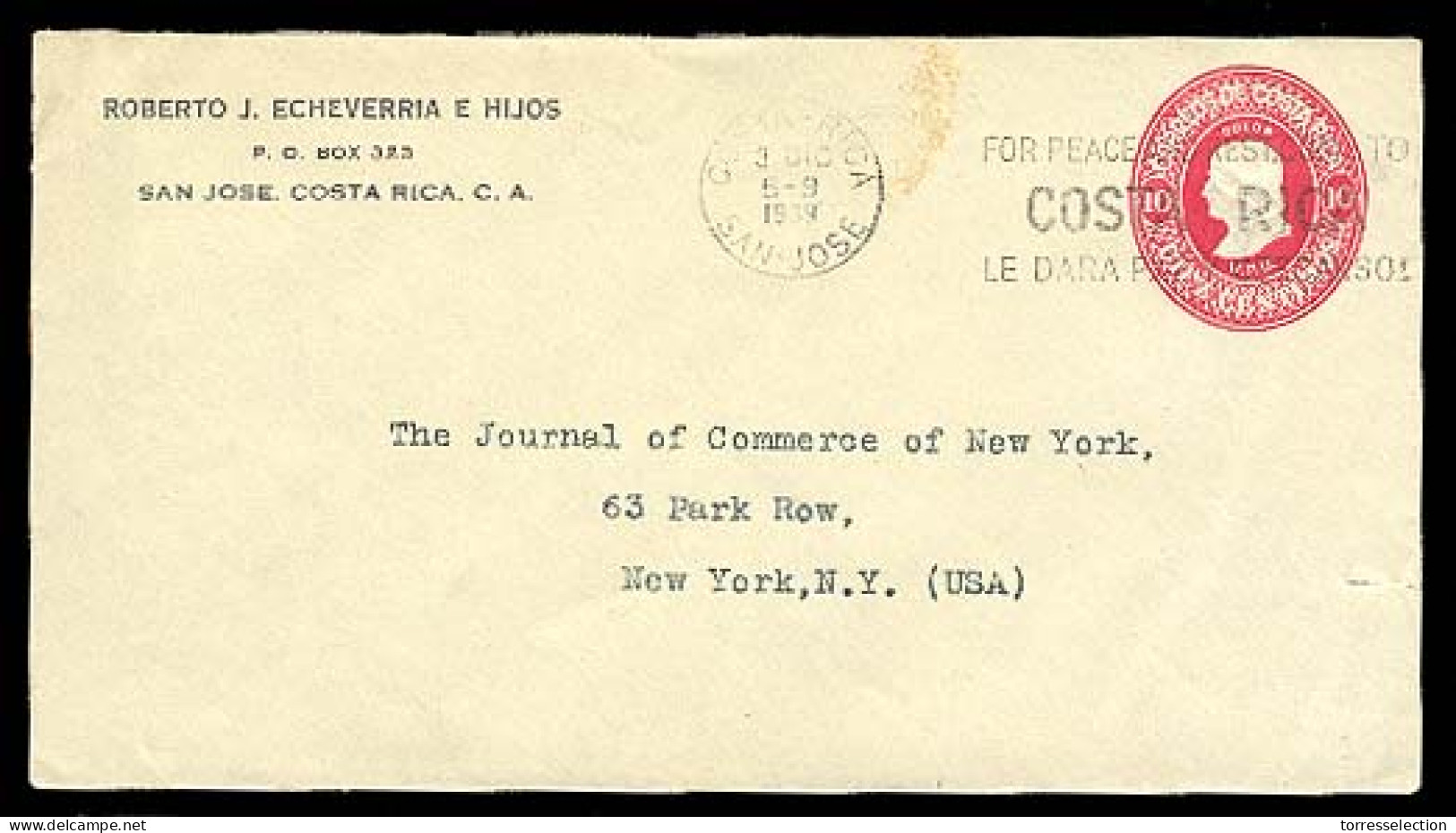 COSTA RICA. 1939 (5 Sept.). San Jose To USA. 10c Red Colon Stationery Envelope. Private Print "Roberto Echevarria E Hijo - Costa Rica