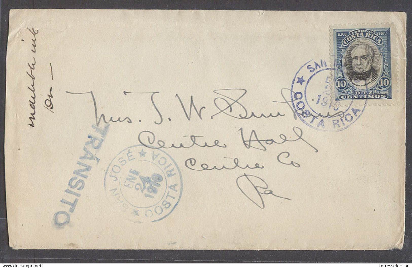 COSTA RICA. 1910 (24 Enero). San Mateo - Centre Hall, PA, USA. Env Fkd Single 10c Blue Cds. Via San Jose. VF Used. - Costa Rica