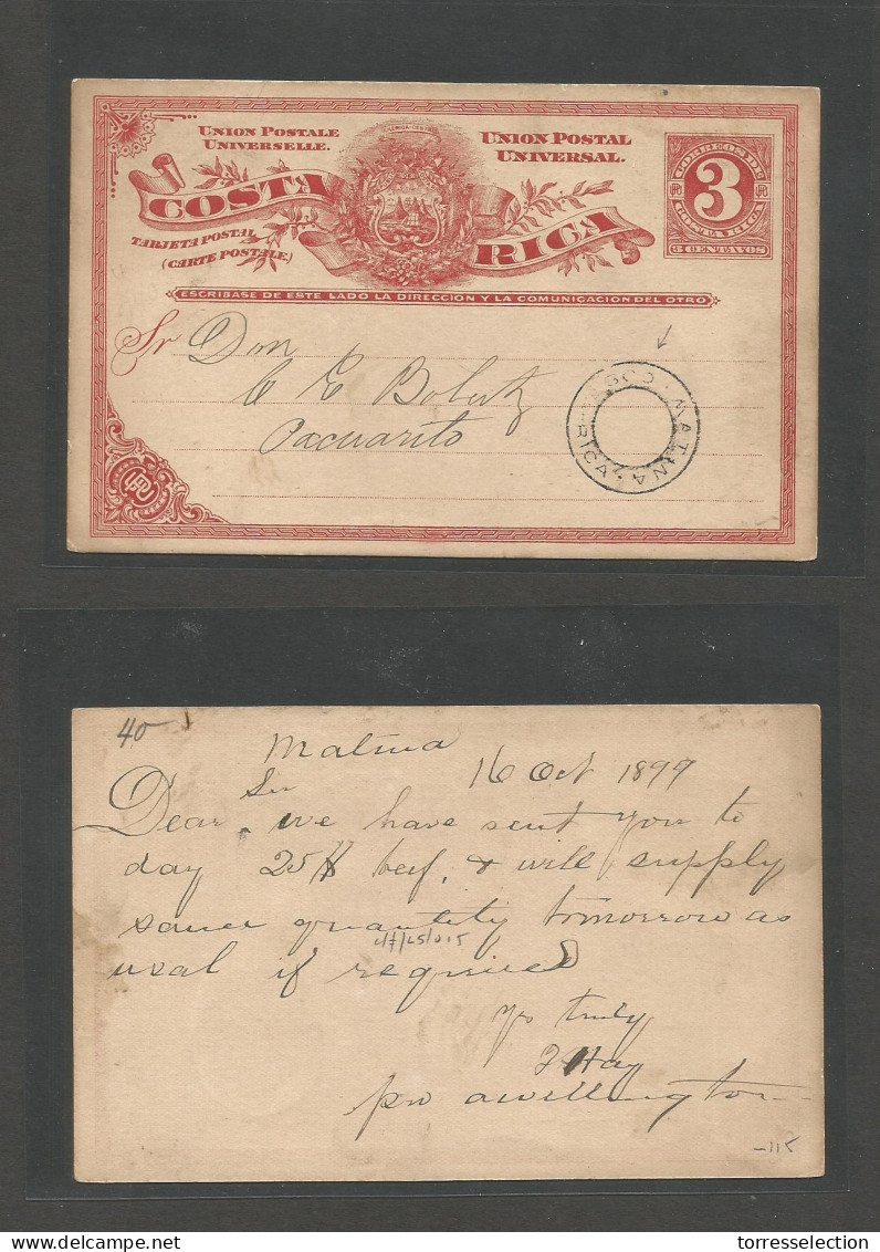 COSTA RICA. 1899 (16 Oct) Matina - Pacuarito. 3c Red Stat Card. Local Usage With Depart Double Ring Town Cachet. Very Ra - Costa Rica