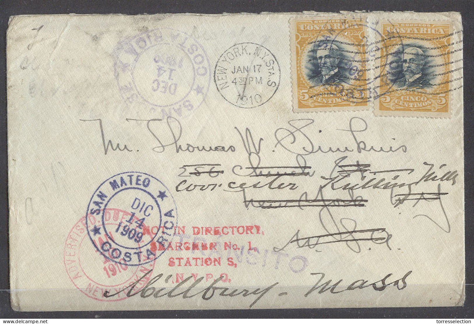 COSTA RICA. 1910 (14 Dec). San Mateo - USA, Millbury (18 Jan). Fk Env 5c Yellow X2 Via San Jose - NY Fwded. Fine Scarce  - Costa Rica