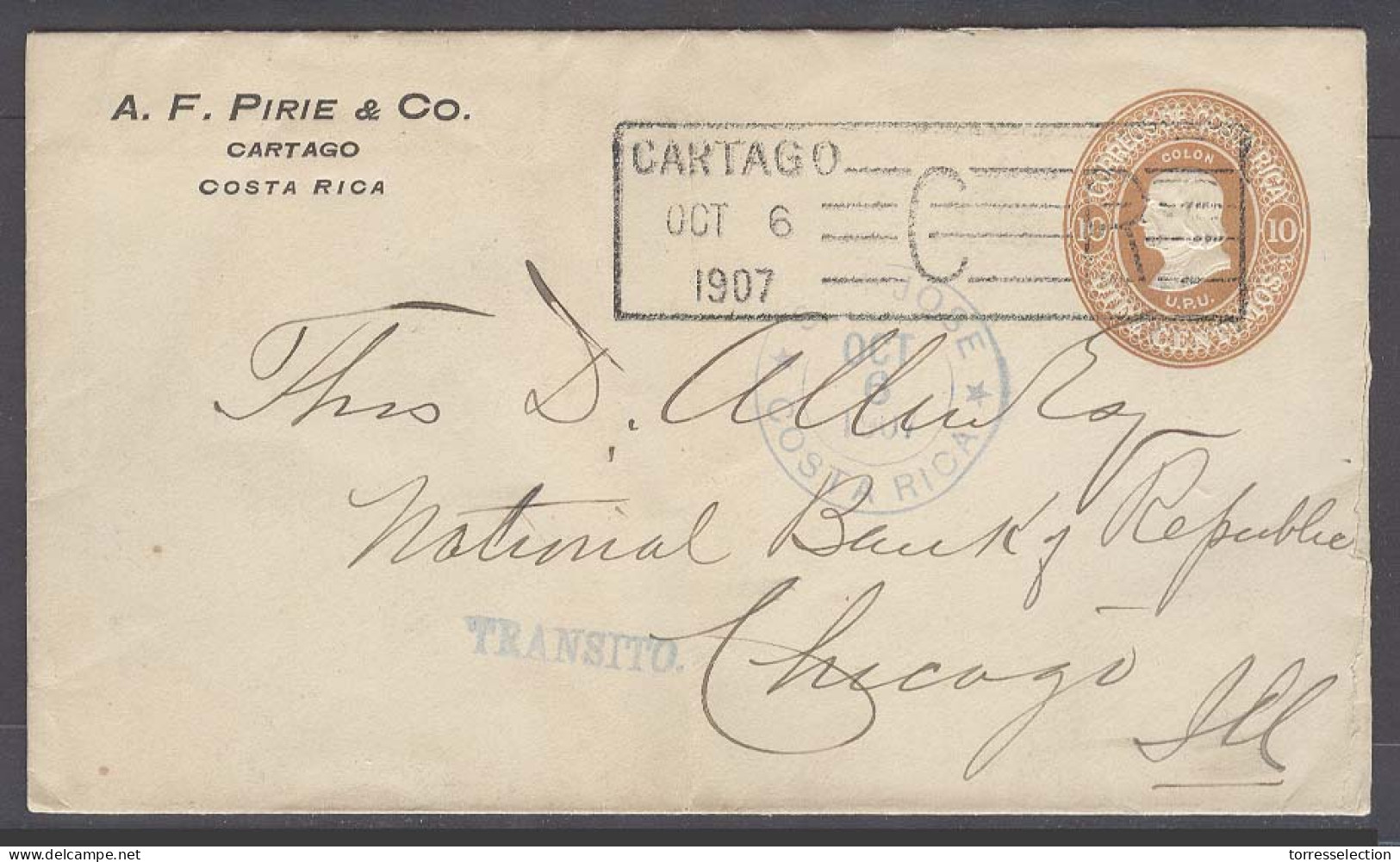 COSTA RICA. 1907 (6 Oct). Cartago - USA, Chicago. 10c Light Brown Stat Env Private Print AF Pirie Transito Stline. VF. - Costa Rica