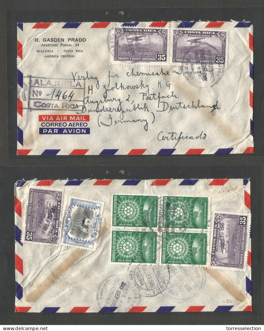 COSTA RICA. 1956. Alajuela - Germany, Ausburg (29 Sept) Registered Multifkd Front + Reverse Envelope + Violet R - Town C - Costa Rica